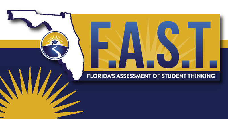 FAST Florida's Assessment of Student Thinking. Colors are blue, gold and white. Outline of the shape of Florida with a sun in the lower left corner