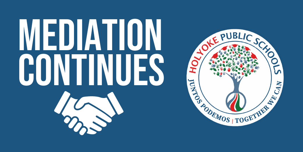 Graphic of words Mediation Continues with shaking hands and HPS logo.