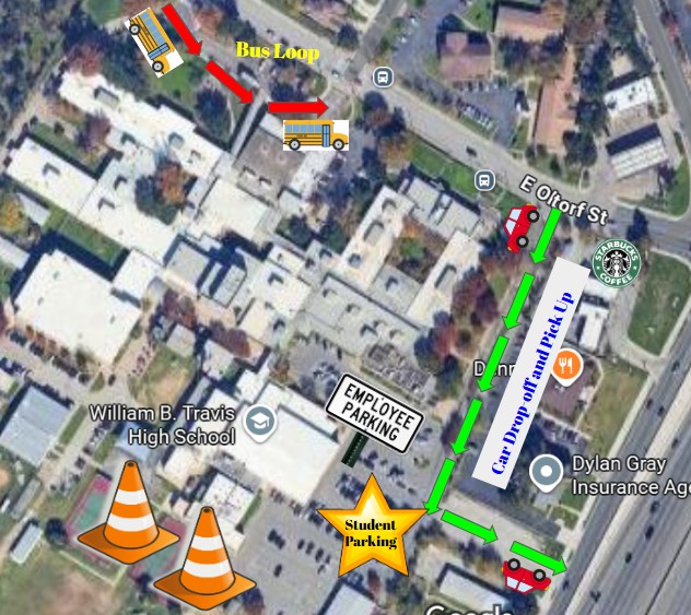 image of map with bus loop, car loop, and studnent parking zones