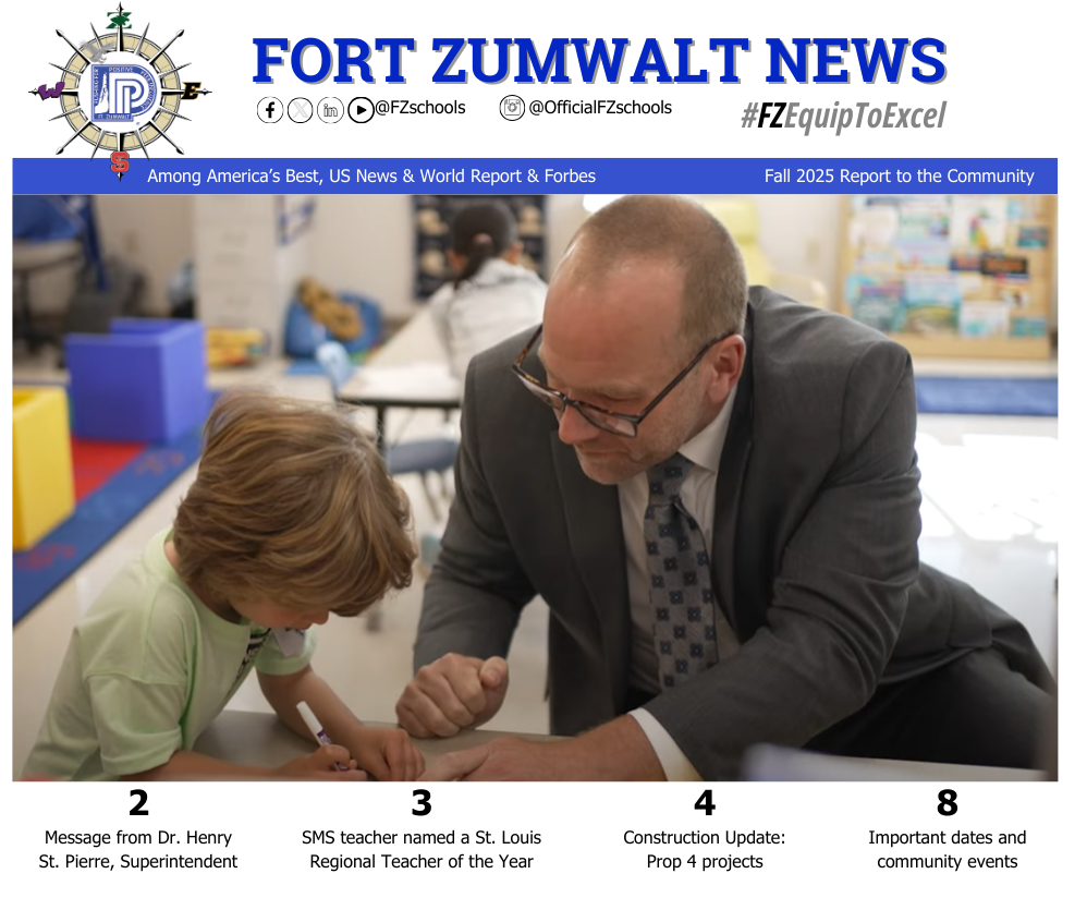 Cover of printed version of this newsletter featuring photo of superintendent helping preschooler write name