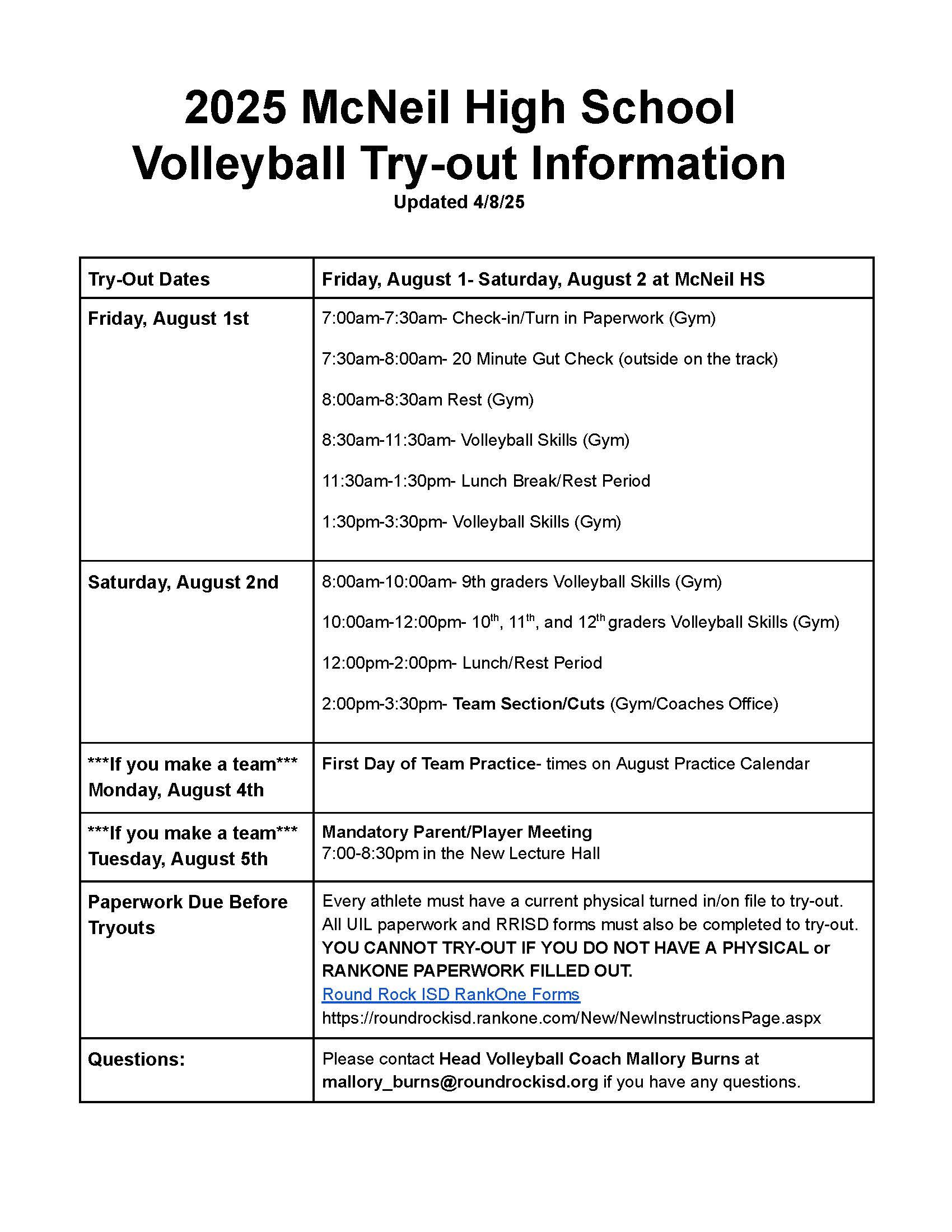 2025 McNeil Volleyball Tryouts