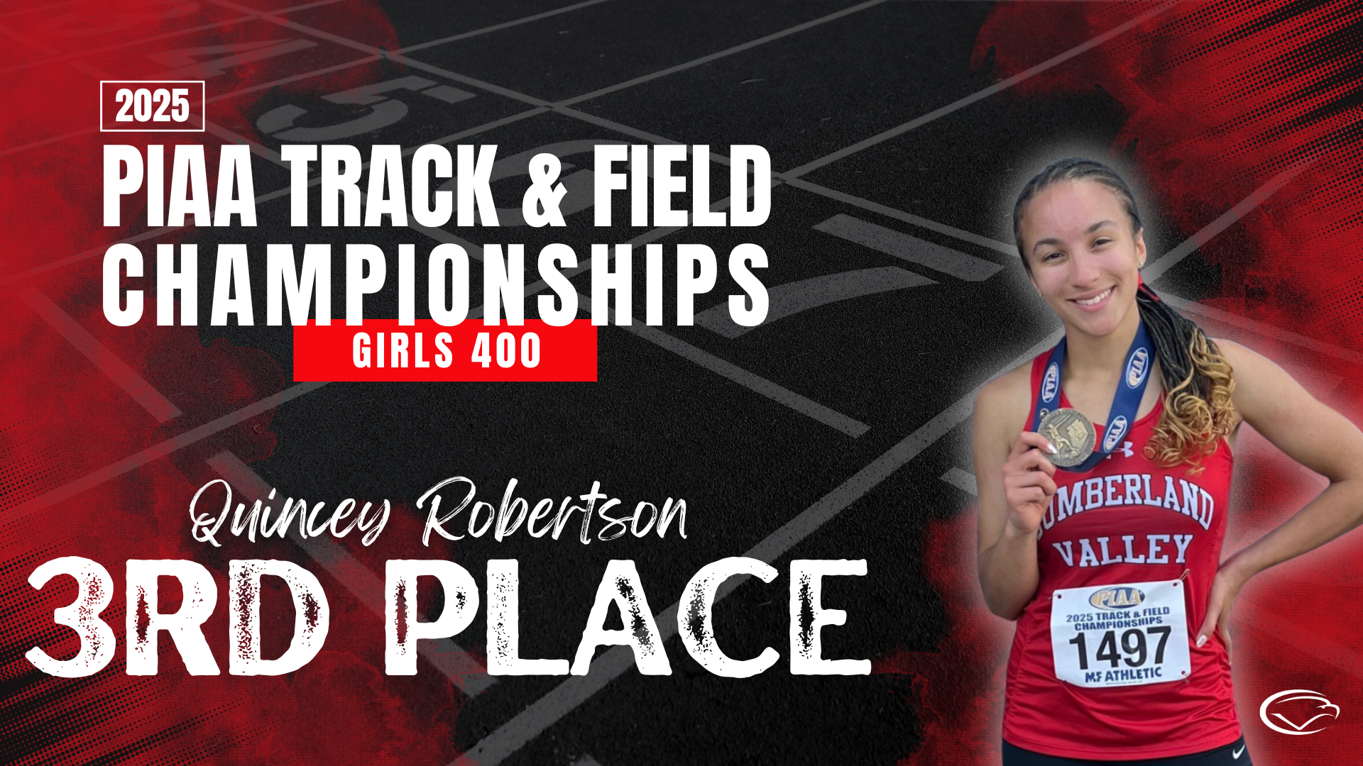 Decorative image with CV's Quincey Robertson who placed 3rd in the girls 400 at the 2025 PIAA Track and Field States.