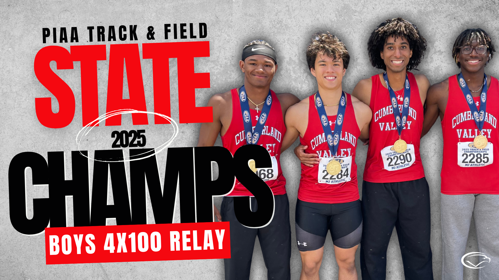 Decorative image with CV boys 4x100 relay team who are 2025 PIAA Track and Field State Champs.