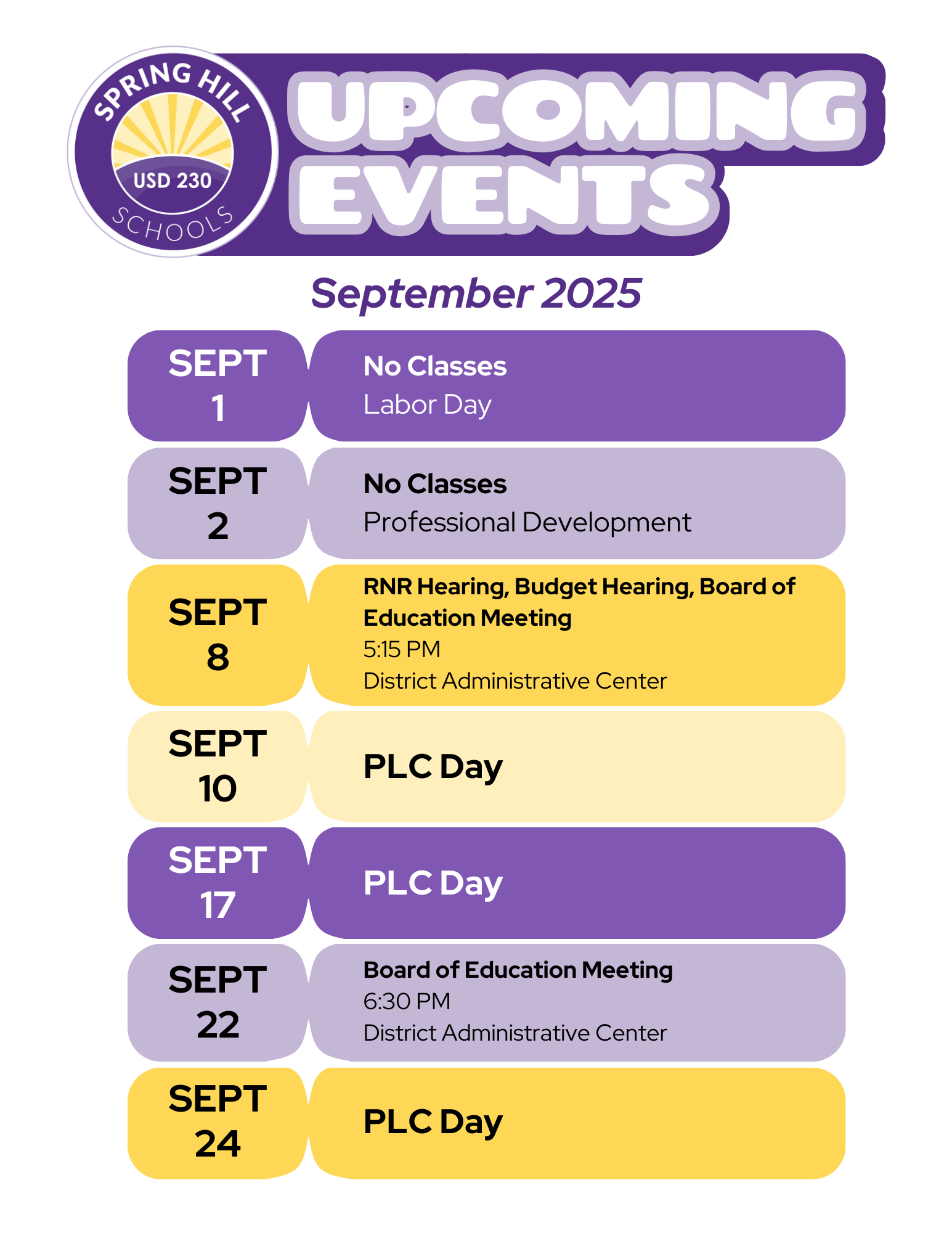 Upcoming district events in September 2025