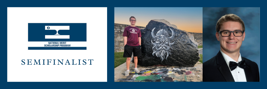 A three-panel graphic recognizing Tennessee High School senior Dominic Shipley as a National Merit Semifinalist. The left panel features the National Merit Scholarship Program logo with the word “Semifinalist” beneath it. The center panel shows Dominic standing beside the large Viking Rock at Tennessee High, painted with the school’s Viking mascot. The right panel displays his formal senior portrait, where he is wearing a tuxedo and smiling.