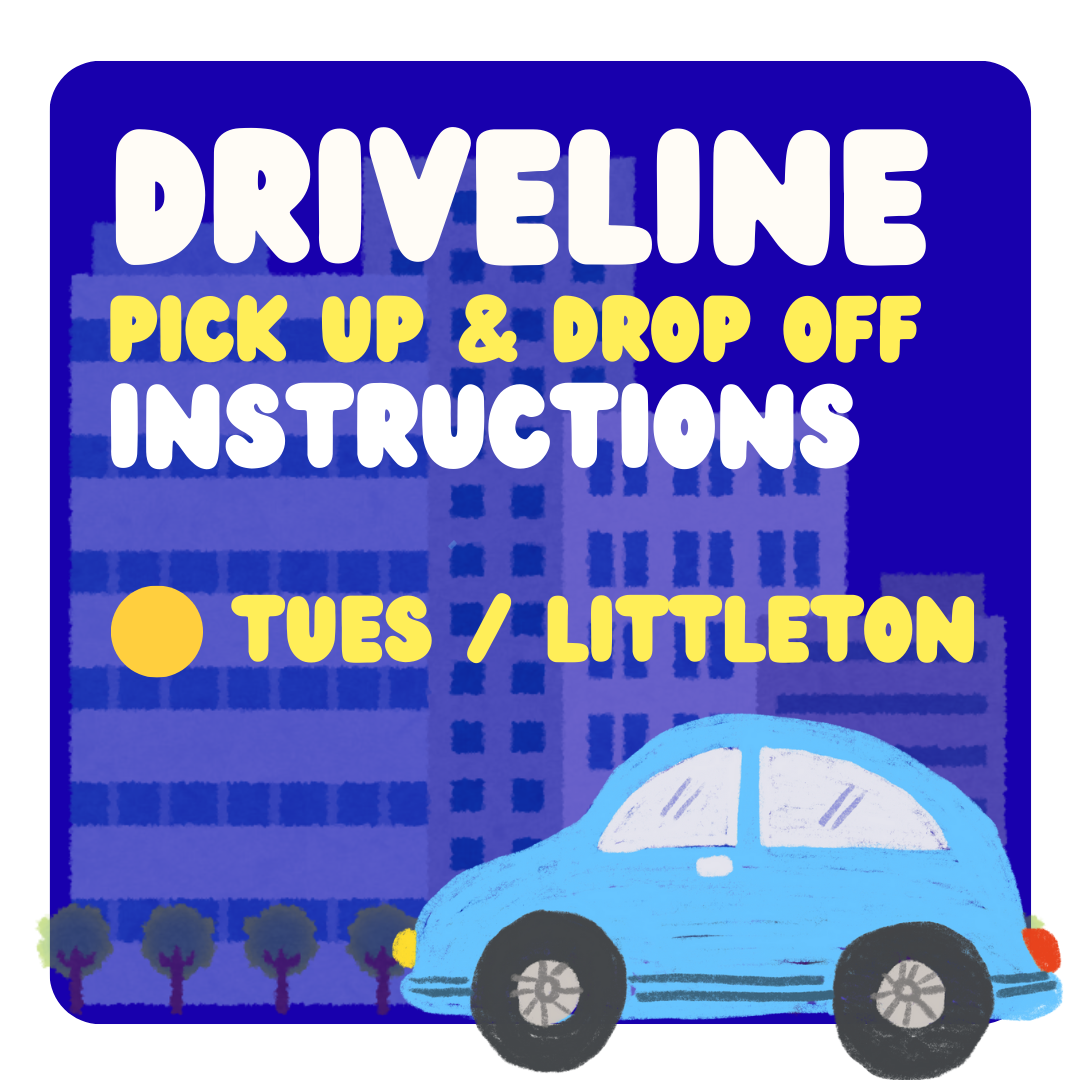 Image of an illustration a car driving to the city with text that reads driveline pick up and drop off instructions Tues / Littleton