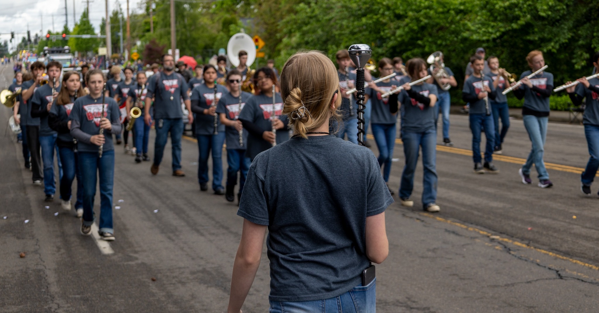 Student musicians march in a parade