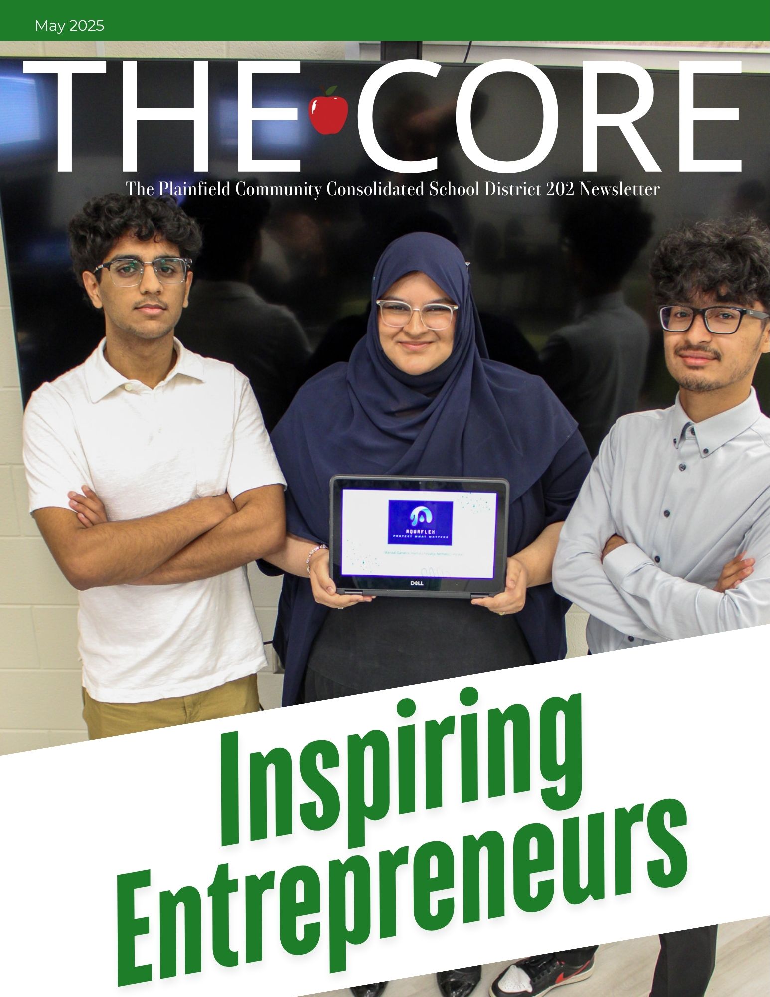 The Core magazine cover with three students one holding laptop. Inspiring Entrepreneurs