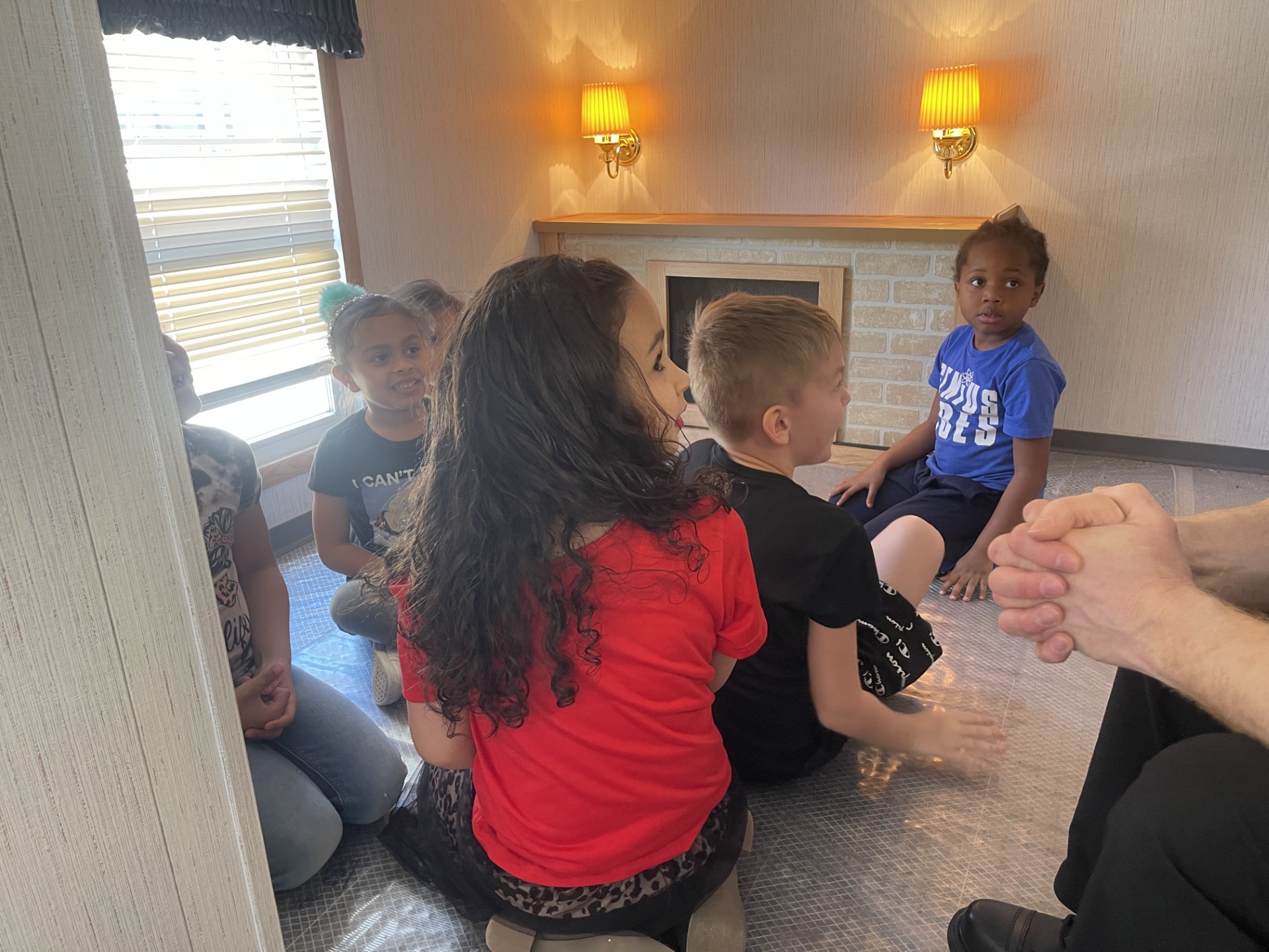 Students inside the safety trailer