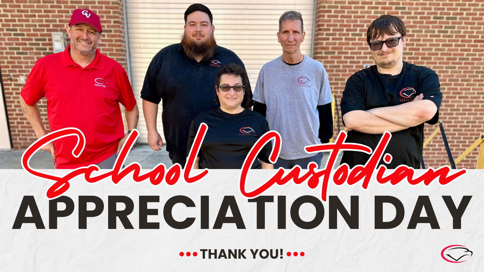 Graphic of 5 CVHS Custodians posing for a picture with the words "School Custodian Appreciation Day, Thank You."