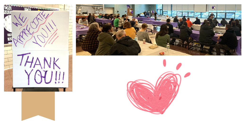 Handwritten sign of appreciation, photo of staff in cafeteria, hand-drawn heart