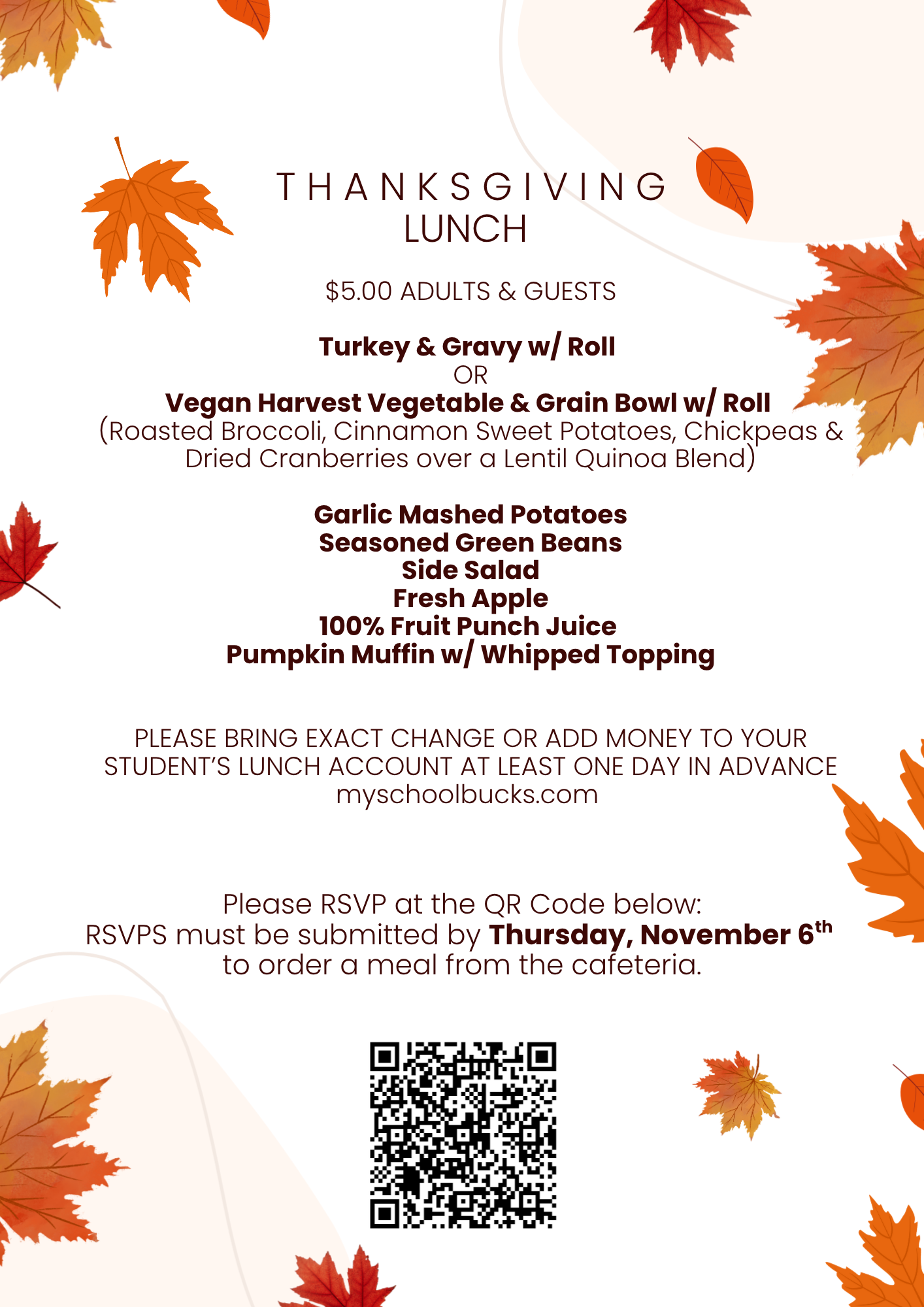 Flyer with leaves with Thanksgiving Lunch information