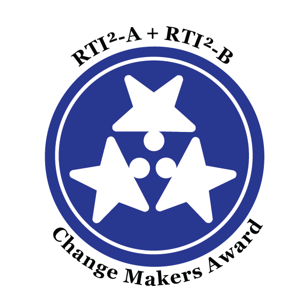 RTI2A plus RTI2B "Change Makers Award" text encircling a blue logo which is three four-point stars with a fifth point of the star the head of a person making the stars look like people