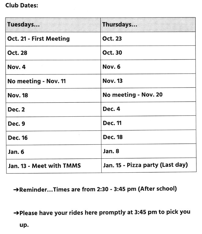 Robotics Club Dates