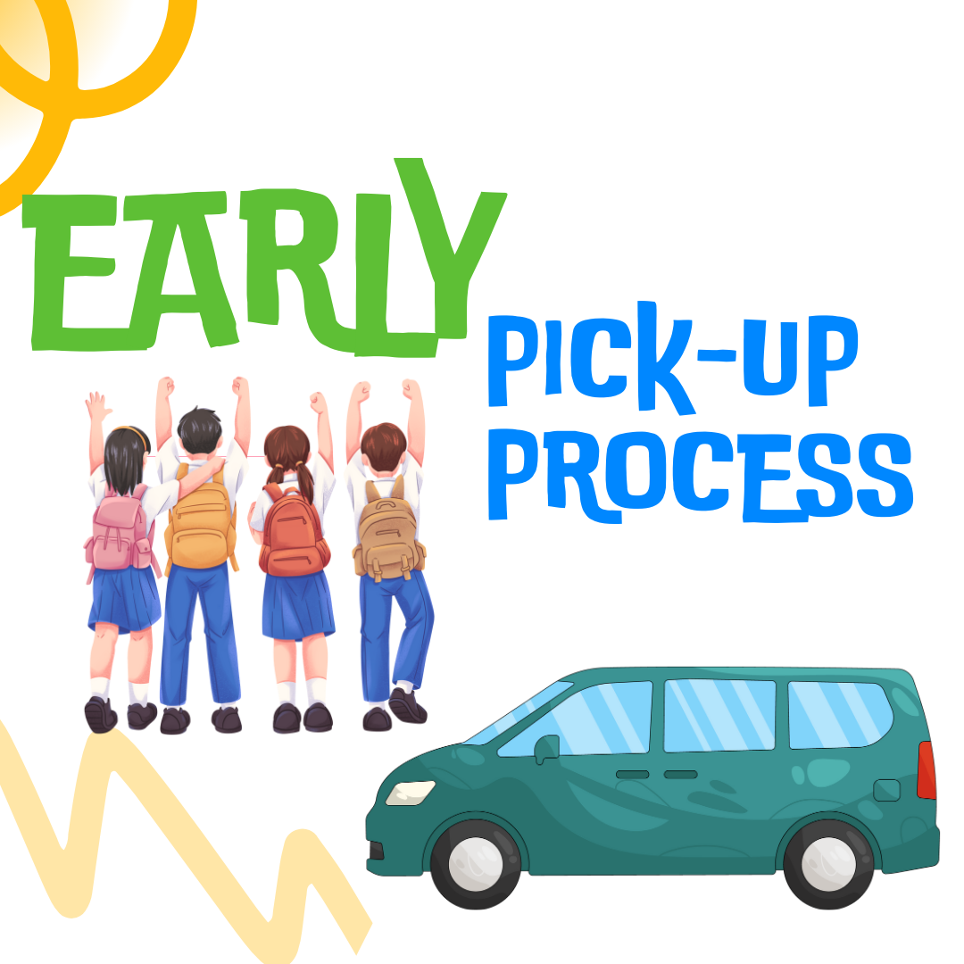 Illustration of students and a minivan with colorful lines with text that read early Pick up process