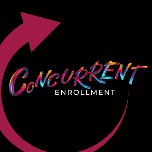 A pink arrow in a circle and colorful text that reads concurrent enrollment