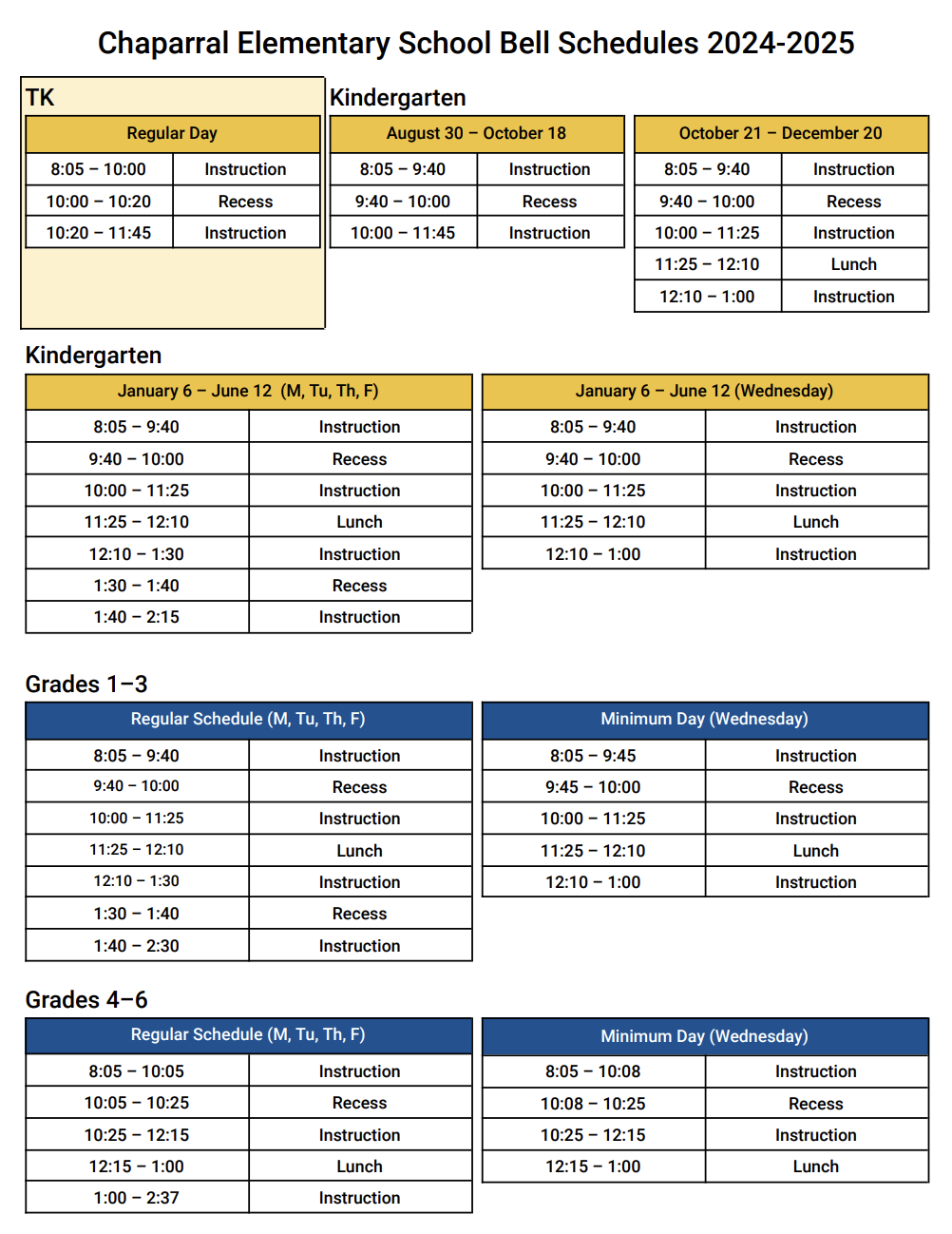 Chaparral Bell Schedule 2024-2025