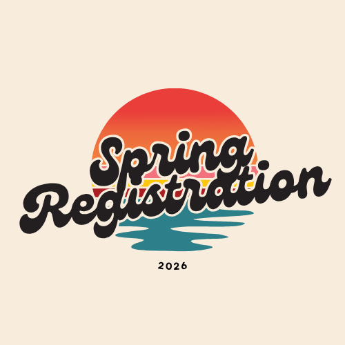 An illustration of a sunset in a circle with text that reads spring registration 2026