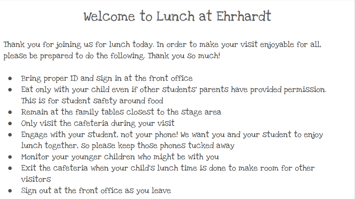 Image with text describing Ehrhardt's cafeteria expectations