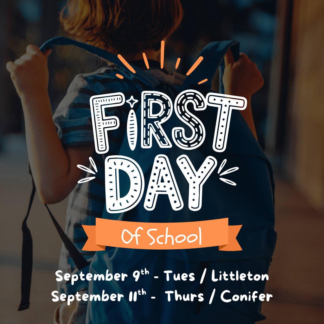 Image of a students wearking a back page and text that reads first day of School September 9th Tues / Littleton and September 11th Thursday / Conifer