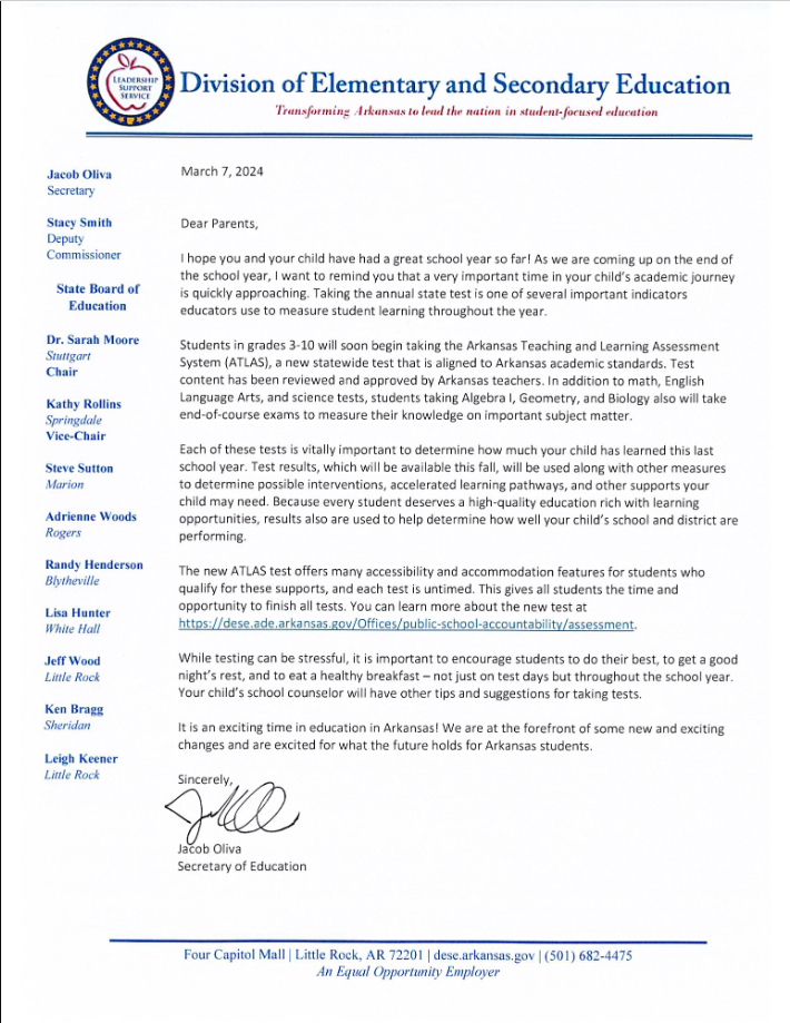 testing letter from Secretary Oliva