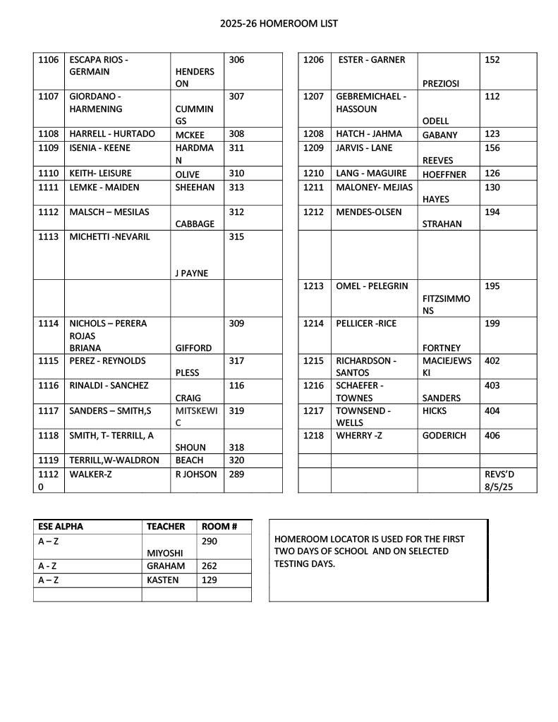 homeroom list 2