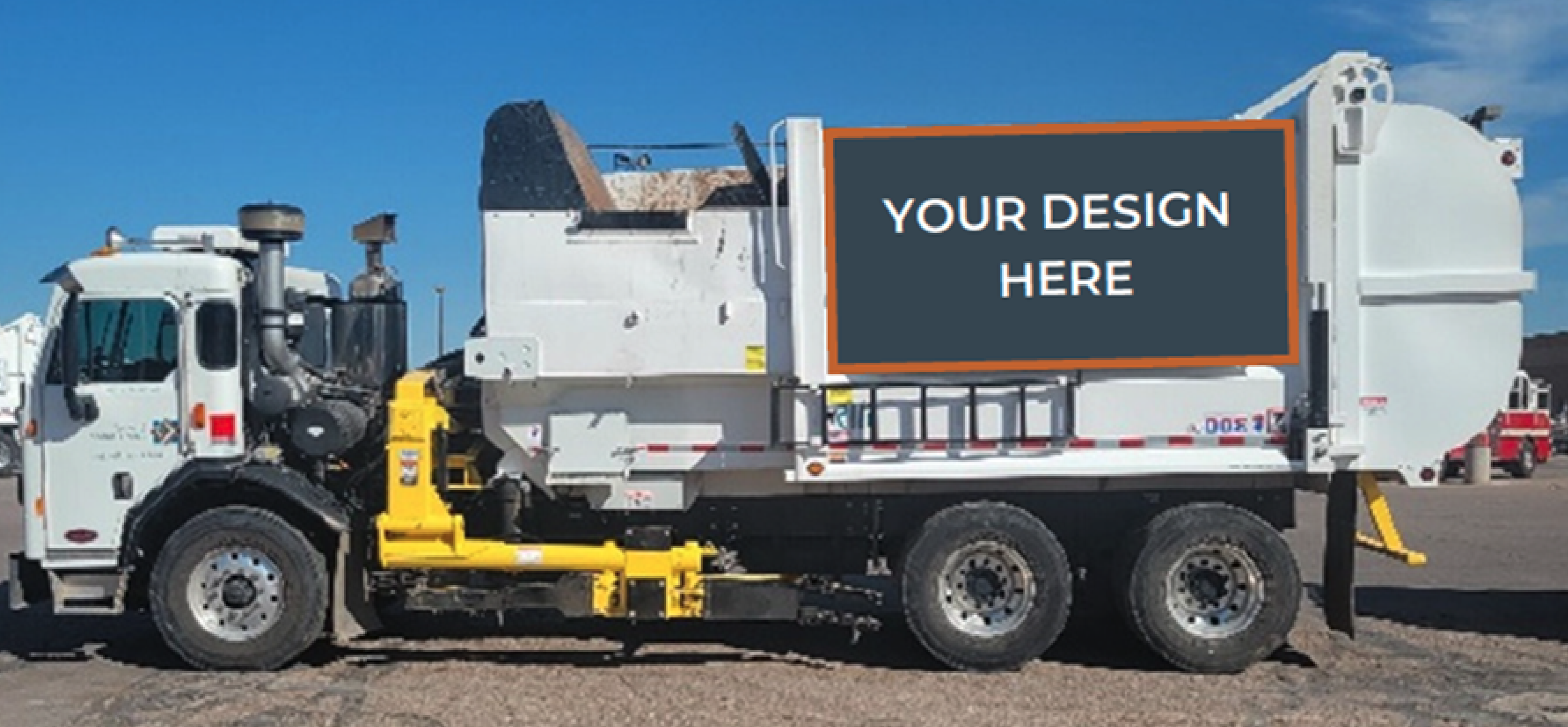 A Denver trash truck with a sign that reads "Your design here"
