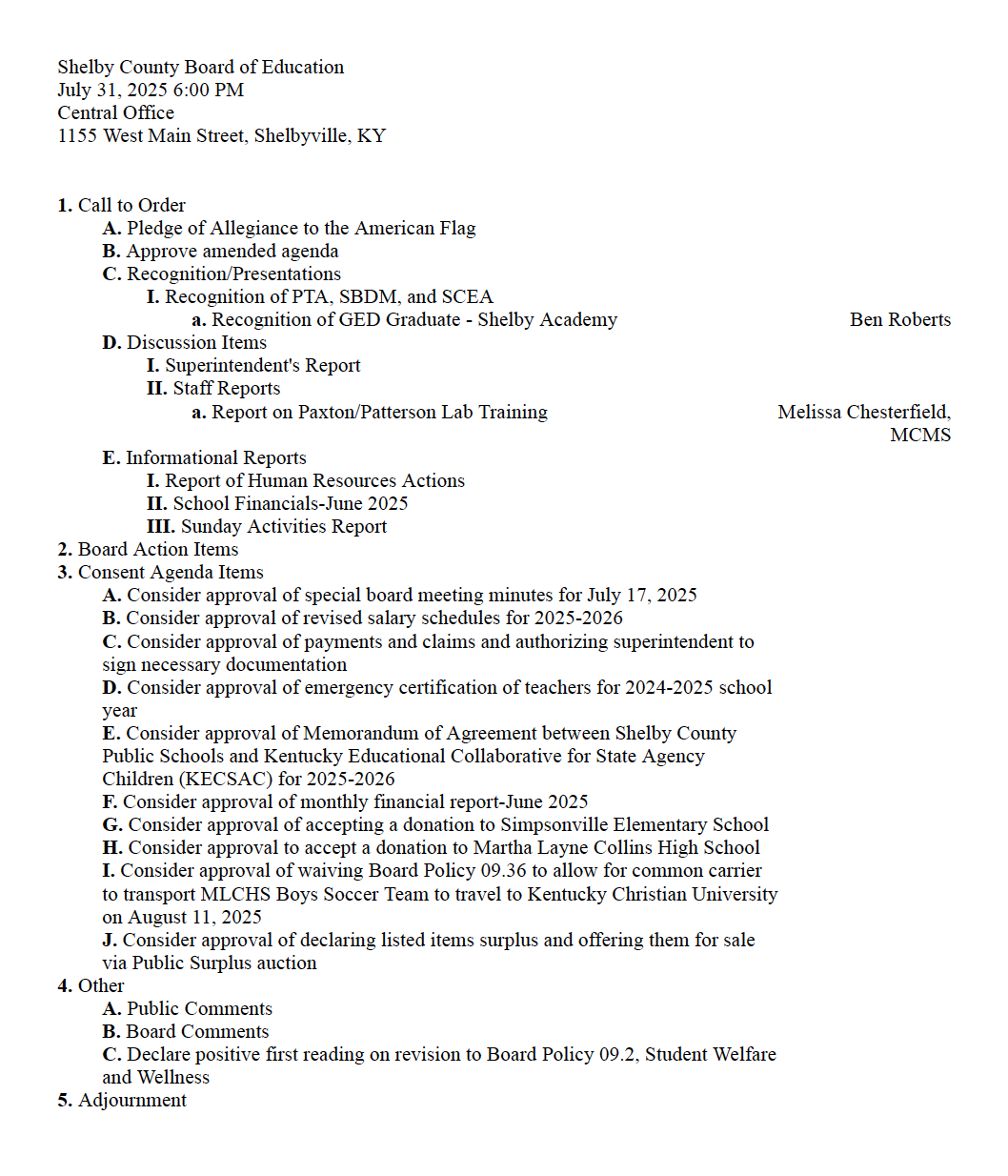 Meeting Agenda