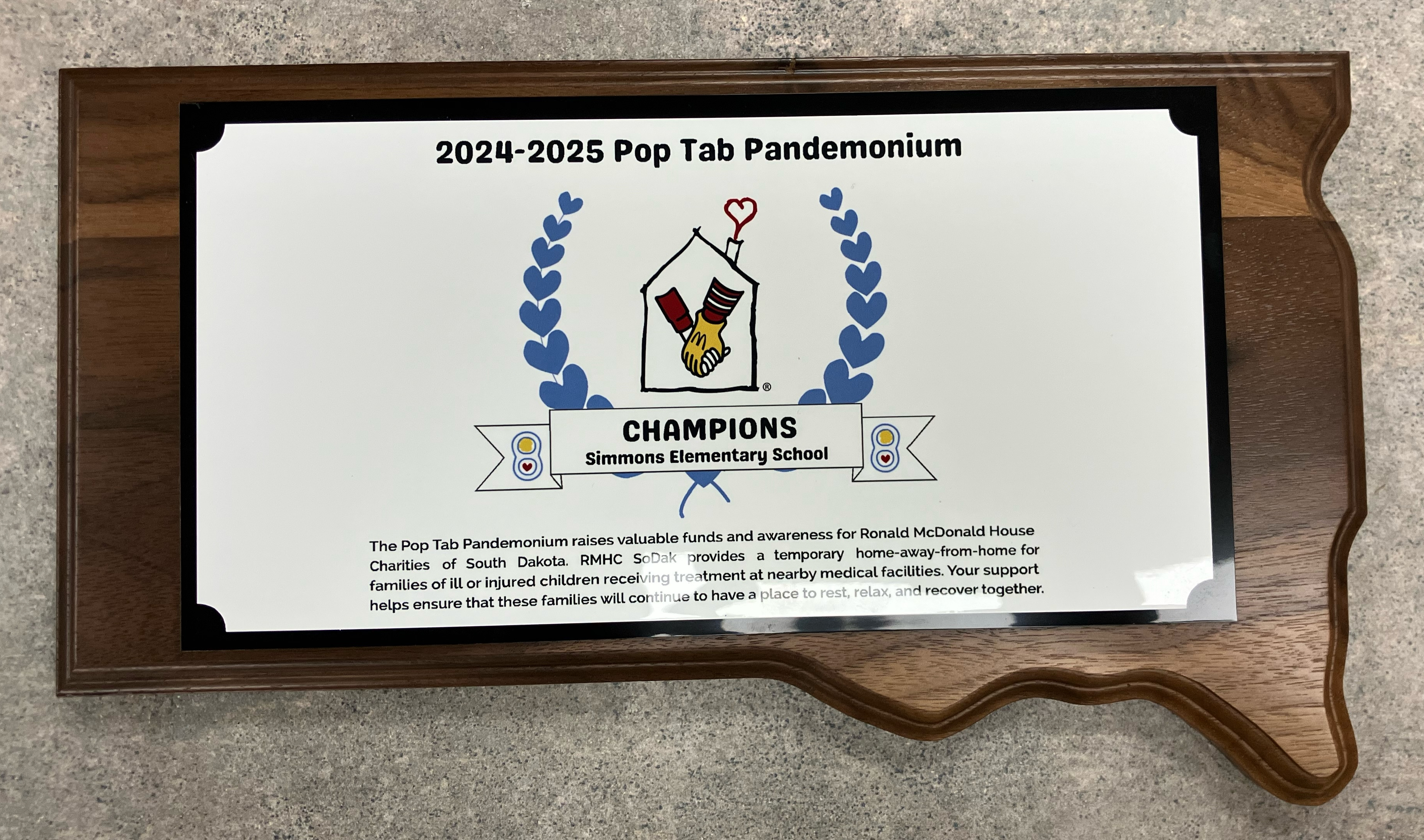 Simmons Elementary 2024-25 Pop Tab Pandemonium Champion plaque