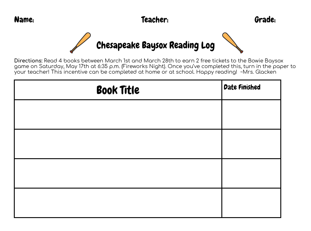 Chesapeake Baysox reading log graphic