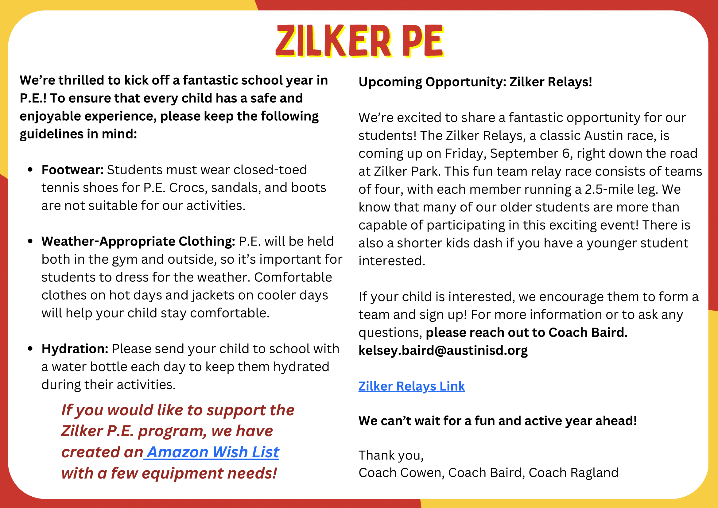 Flyer for Zilker PE Updates