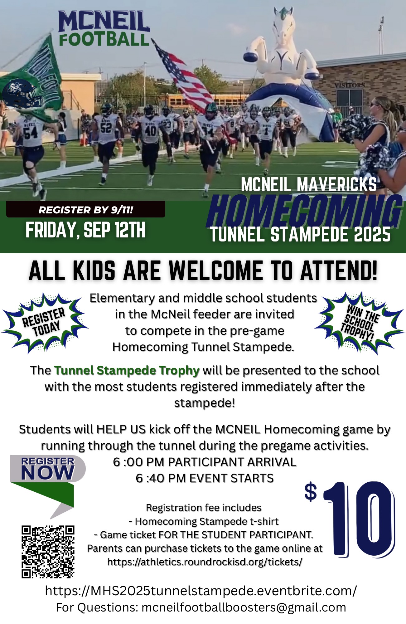 Flyer with details for McNeil Homecoming Tunnel Stampede
