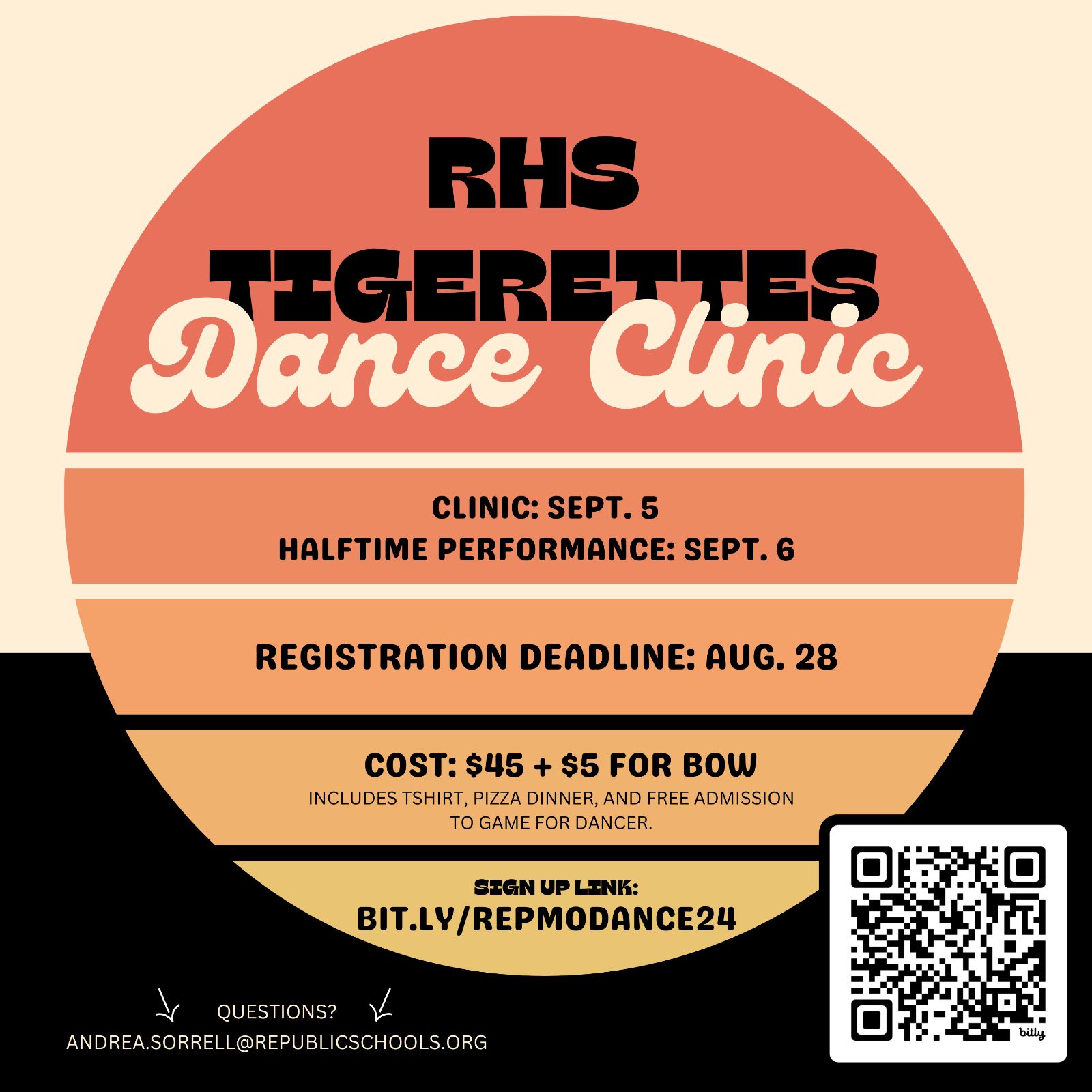 Circle with ombre colors, information about Tigerettes dance clinic