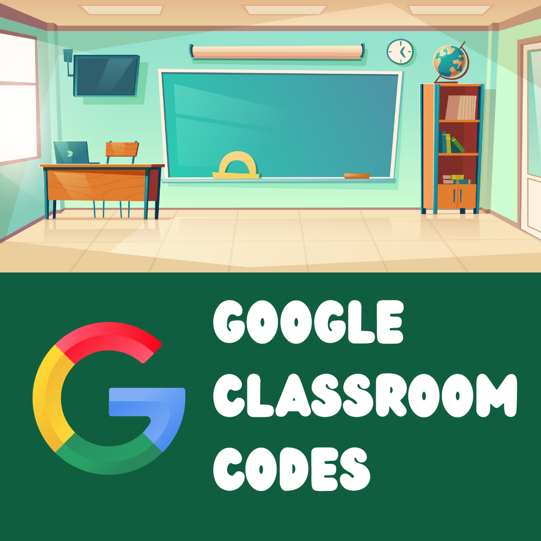 Illustration of a classroom a Google logo and text that reads Google classroom codes