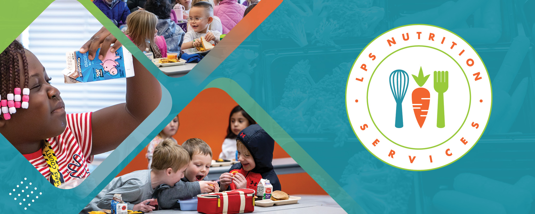 Niños comiendo en la cafetería junto al logotipo de LPS Nutrition Services con batidor, zanahoria y tenedor.