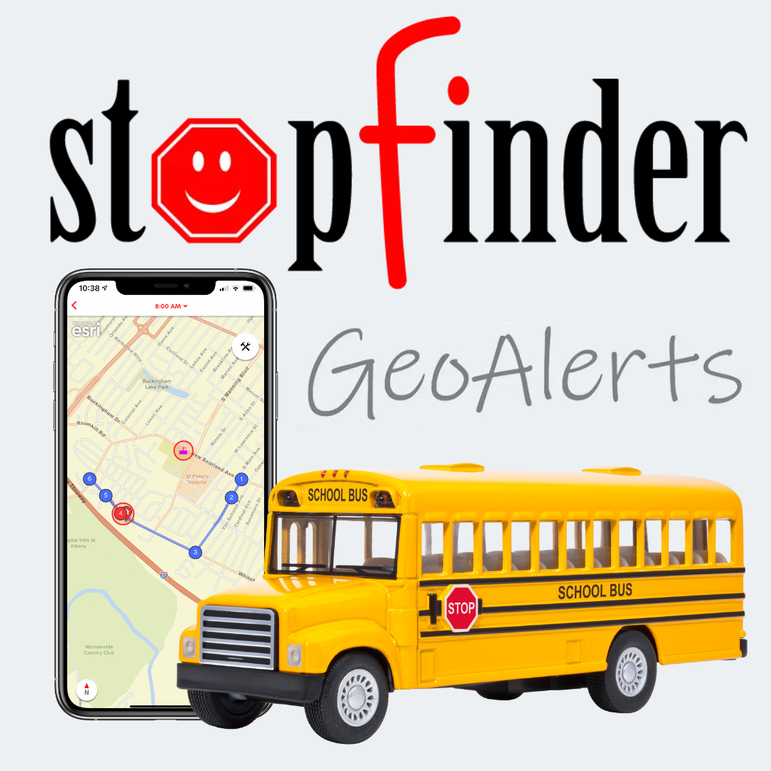 Stopfinder GeoAlerts - School Bus and a phone with a map.