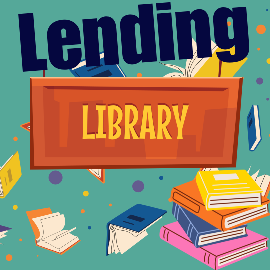 Lending Library text over images of illustrated colorful books 