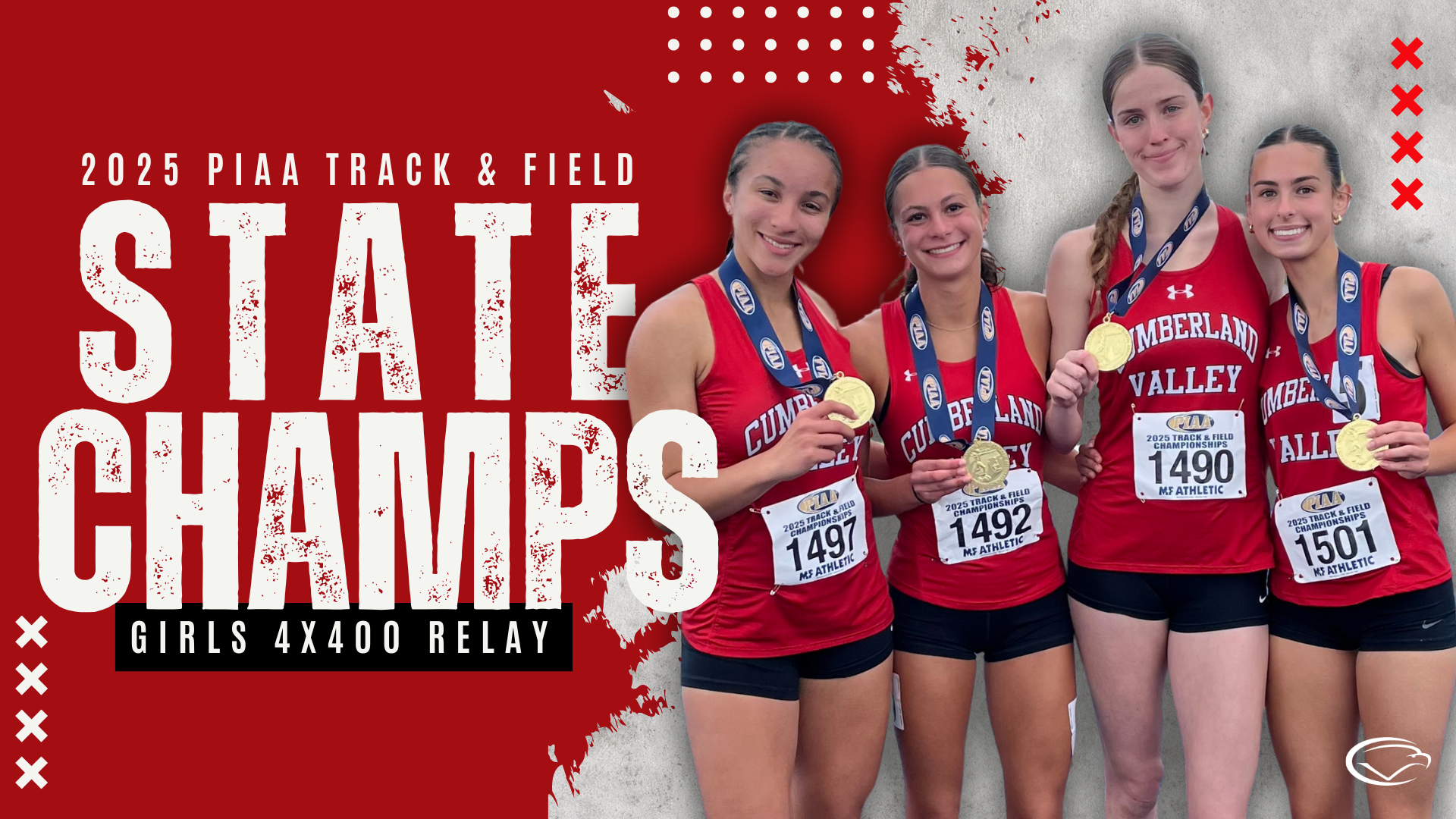 Decorative image with CV girls 4x400 relay team who are 2025 PIAA Track and Field State Champs.