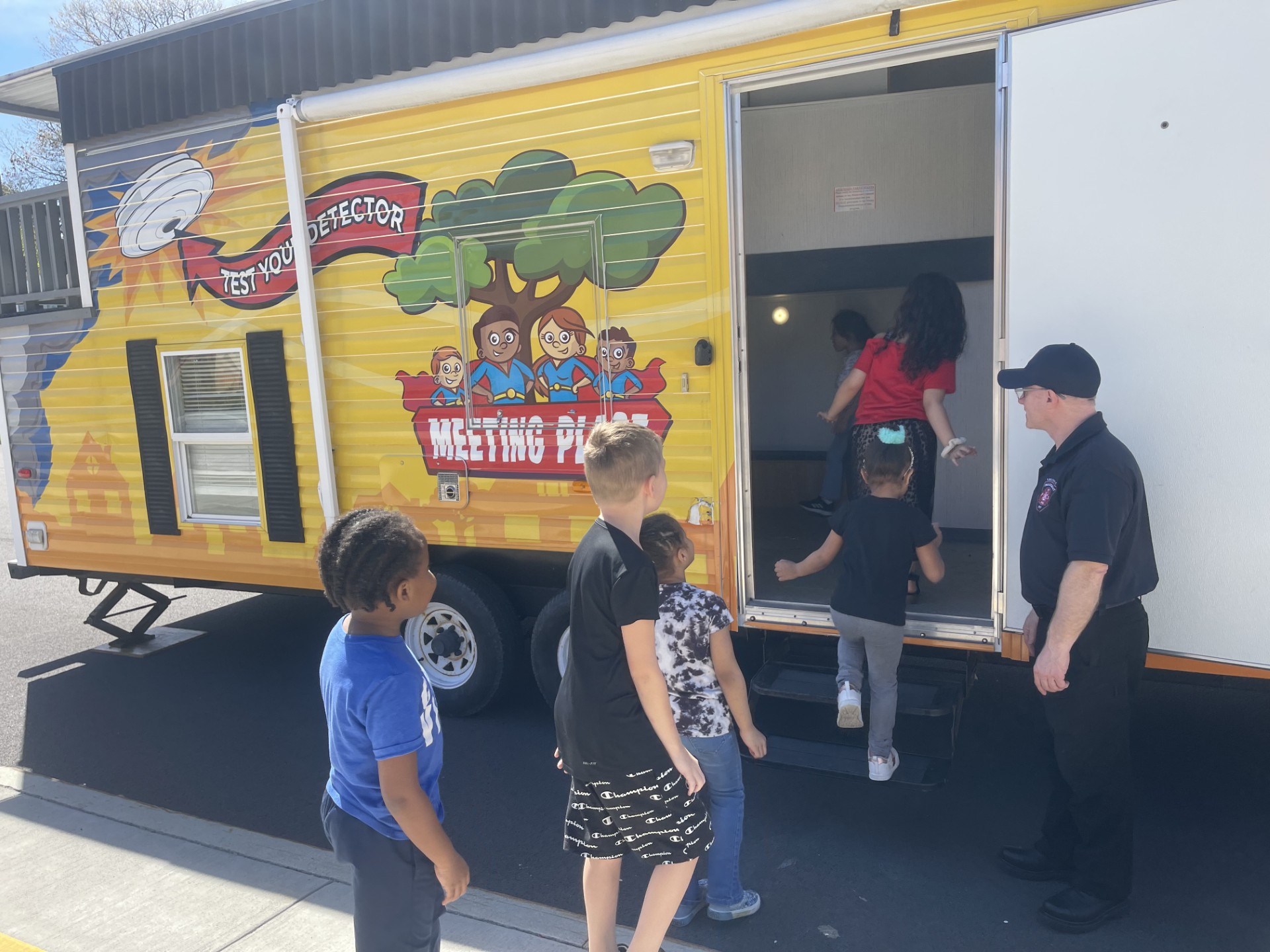 Students entering Safety Trailer