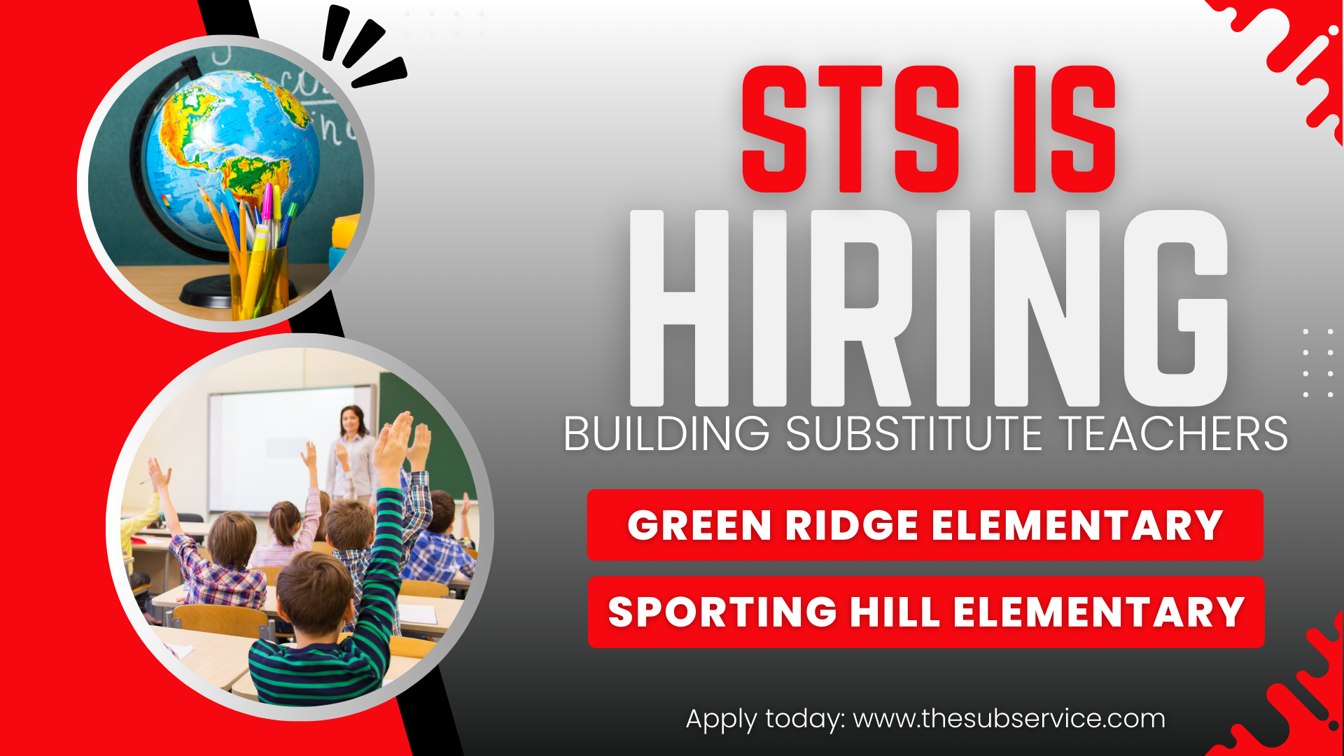 Decorative image with the words "STS is hiring building substitute teachers for Green Ridge and Sporting Hill Elementaries."