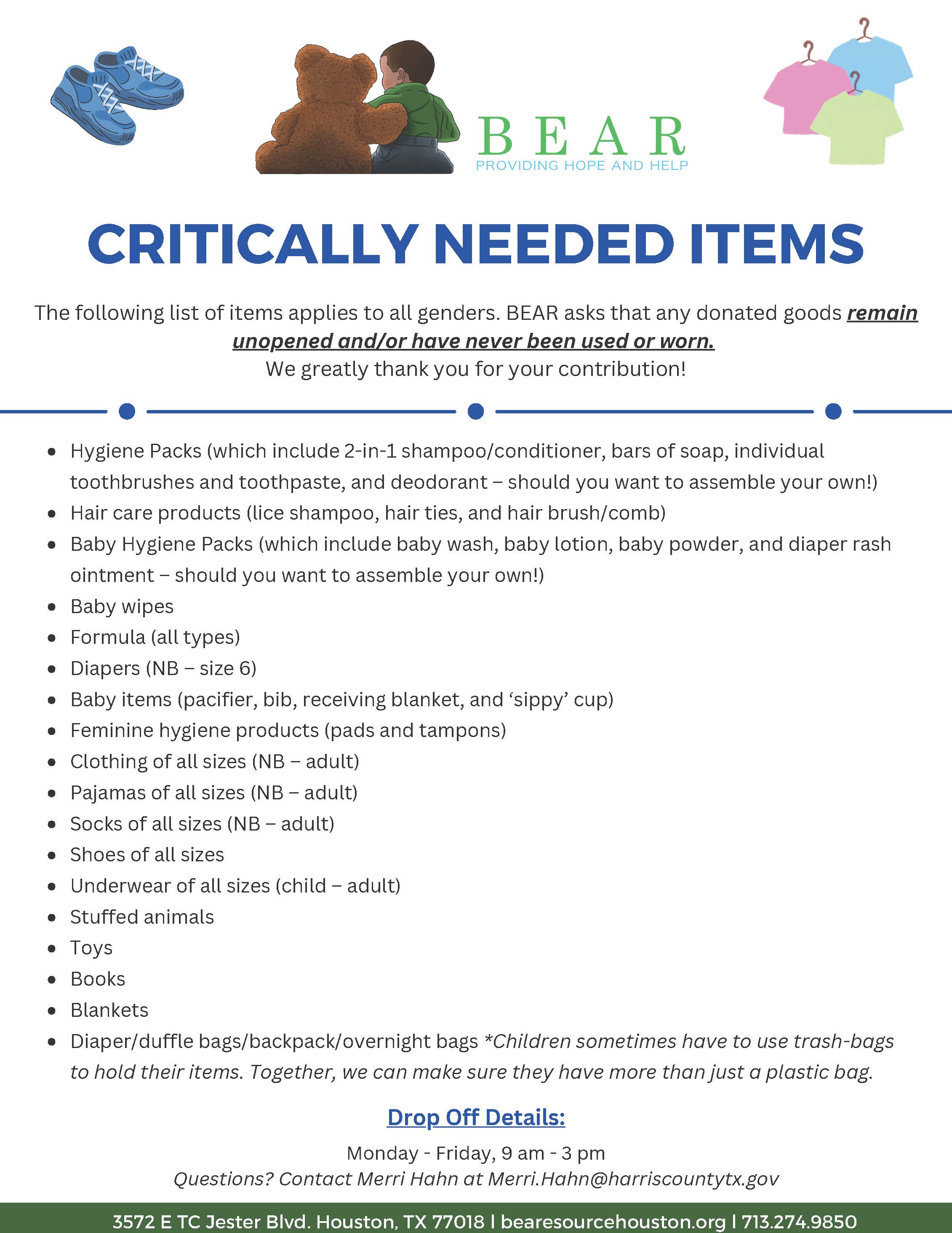 Donate to BEAR with critically needed items