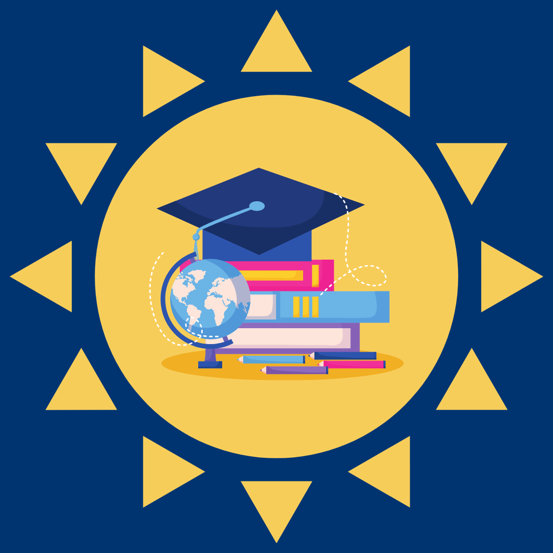 A sun with books, a globe, and diploma inside of it.