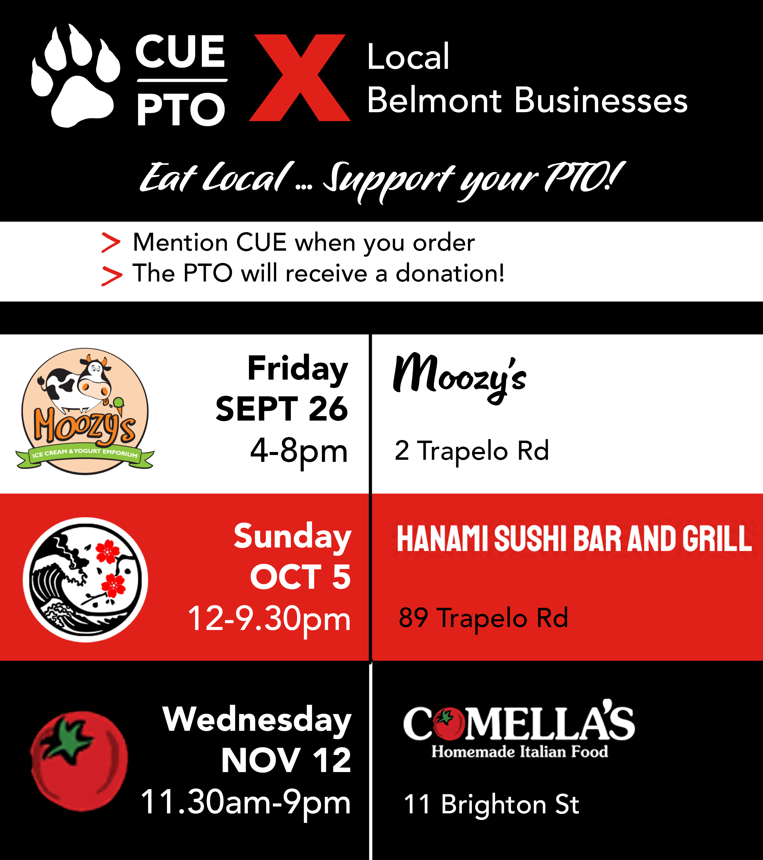 CUE PTO x Local Belmont Businesses collab fundraiser