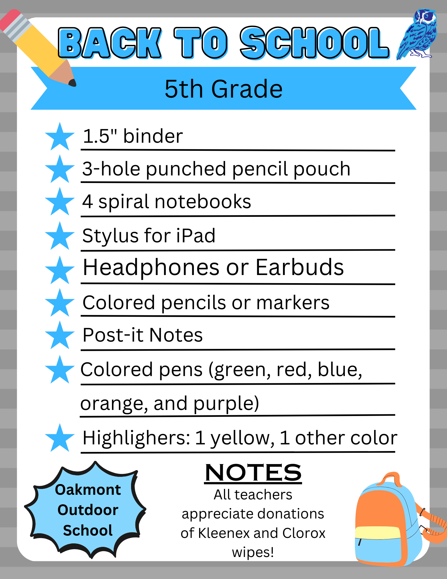 5th Grade Supply List