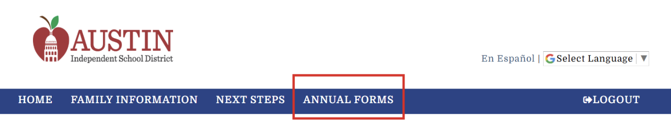 photo with text Home Family Information Next Steps Annual Forms Logout