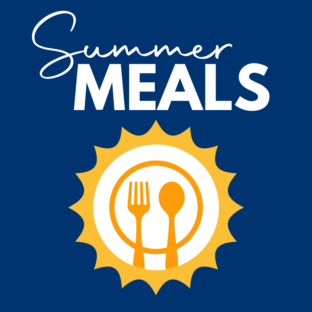 Summer Meals: Picture of the sun with a plate, fork, and spoon.
