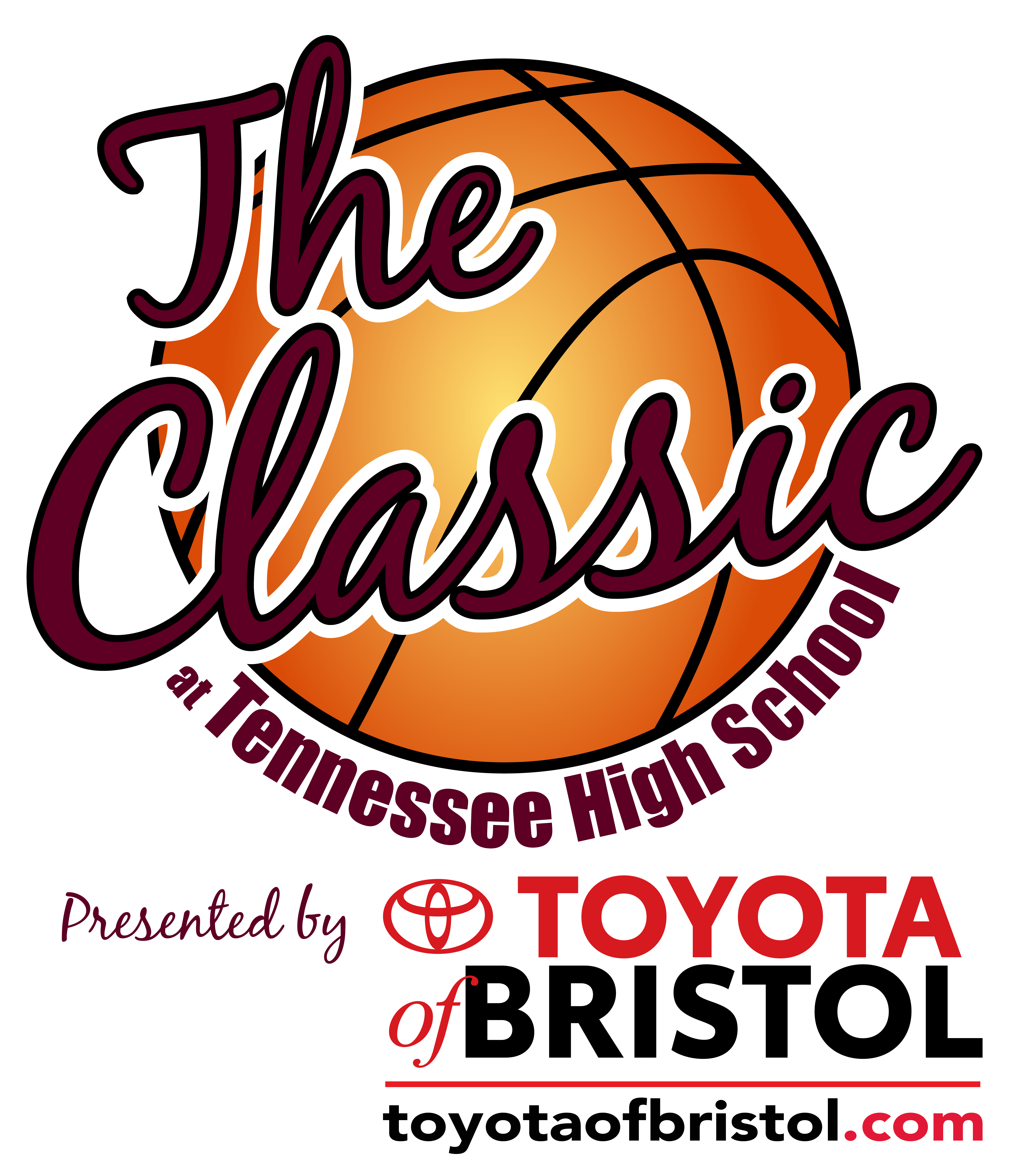 A logo featuring a large orange basketball in the background with the words "The Classic" written in bold maroon script across the front. Below it, "at Tennessee High School" is written in smaller maroon text. At the bottom, it says "Presented by Toyota" in red, with a Toyota logo next to it.