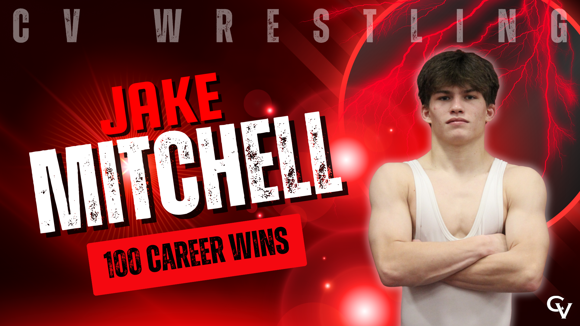 CV Varsity Wrestler Jake Mitchell receives his 100th career win.