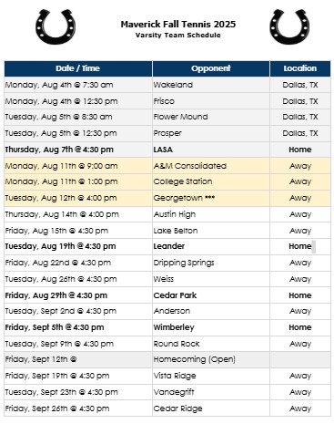 Fall 2025 Maverick Tennis Schedule