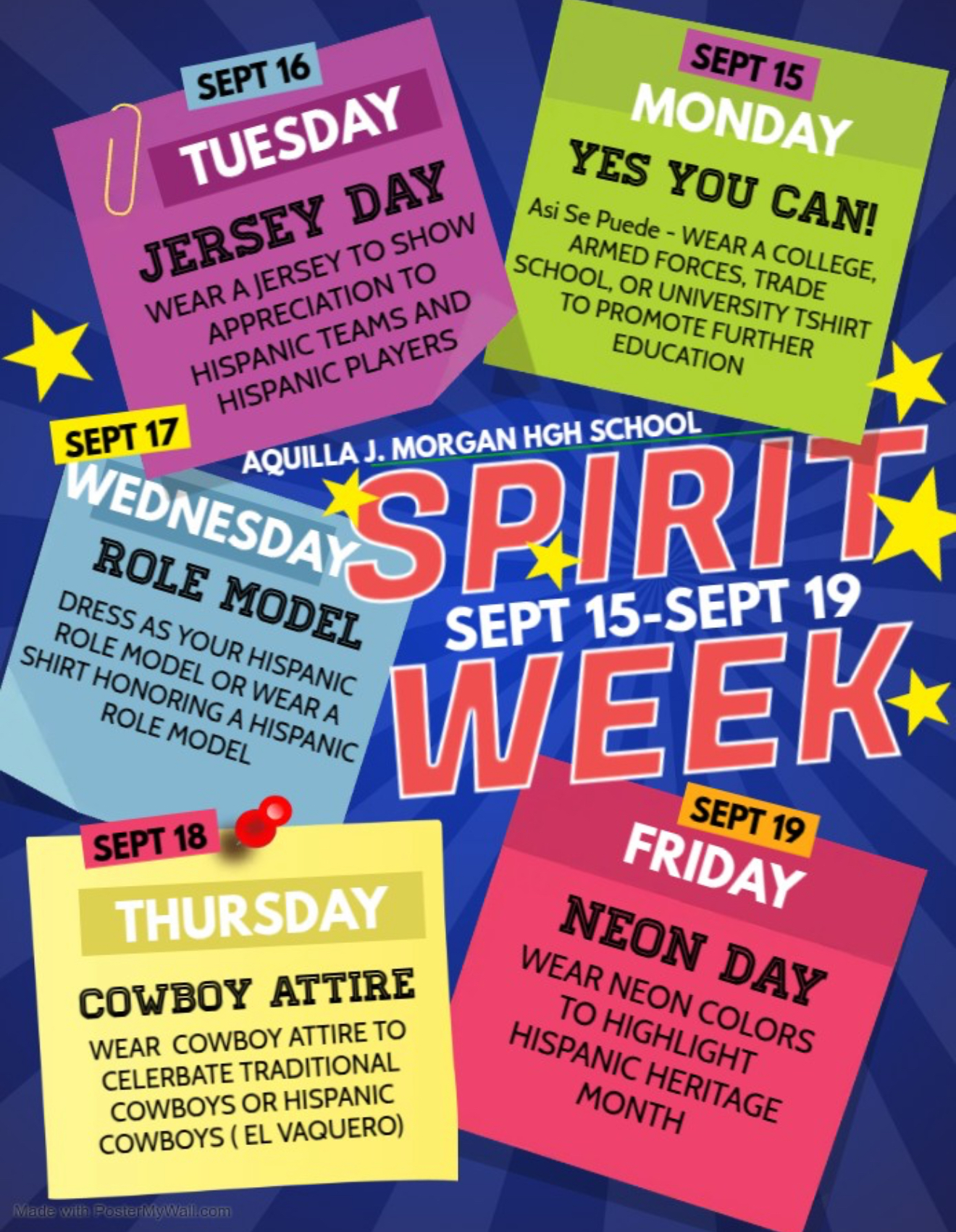 Flyer that shows the theme for each of day of Hispanic Heritage Spirit Week.